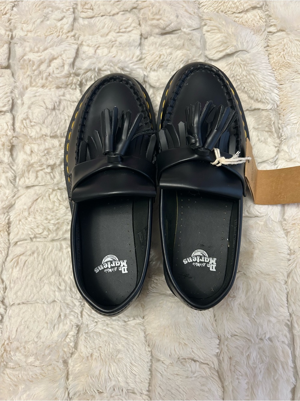Dr. Martens Black Tassel Kiltie Loafers with Yellow Stitching